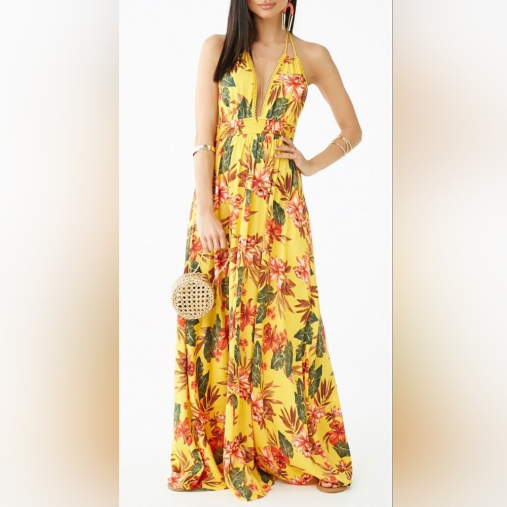 Forever 21 Yellow Floral Maxi Dress - Size XS